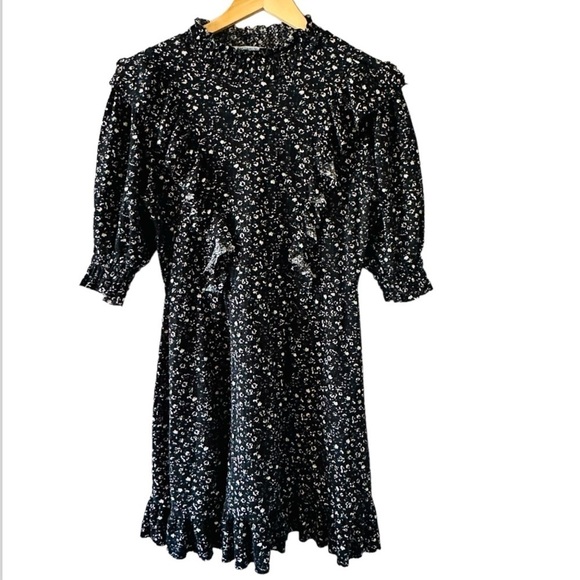 Zara Regencycore Floral Print Puffy Sleeve Black Dress Size Large - Picture 2 of 11